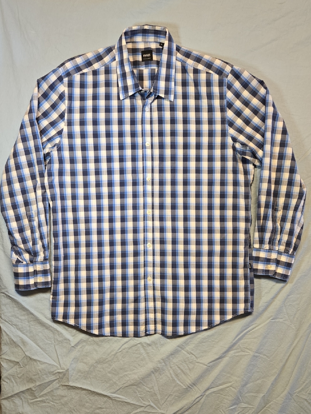 Hugo Boss Blue and White Plaid Button Down Long Sleeve Dress Shirt